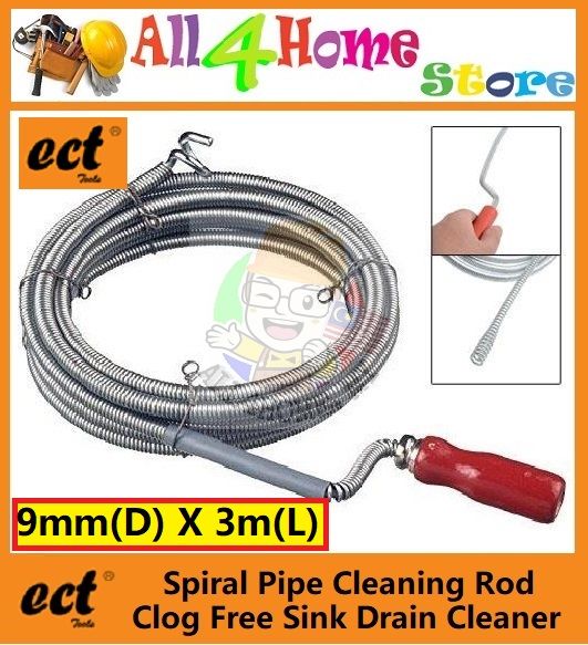 9mm X 3m ECT Spiral Pipe Cleaning Rod Clog Free Sink Drain Cleaner